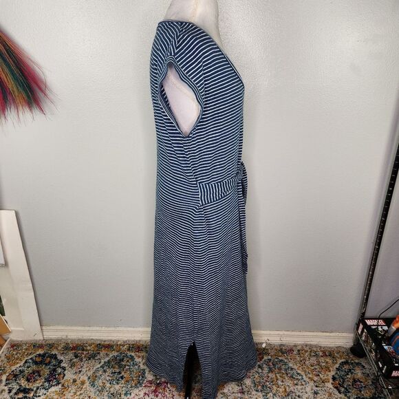 LOFT Blue & White Stripe Cap Sleeve Tie Waist Split Side Maxi Dress Size XL - Picture 7 of 14